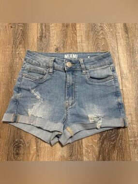 MIAMI Light Blue Distressed Rolled-Hem Denim Shorts